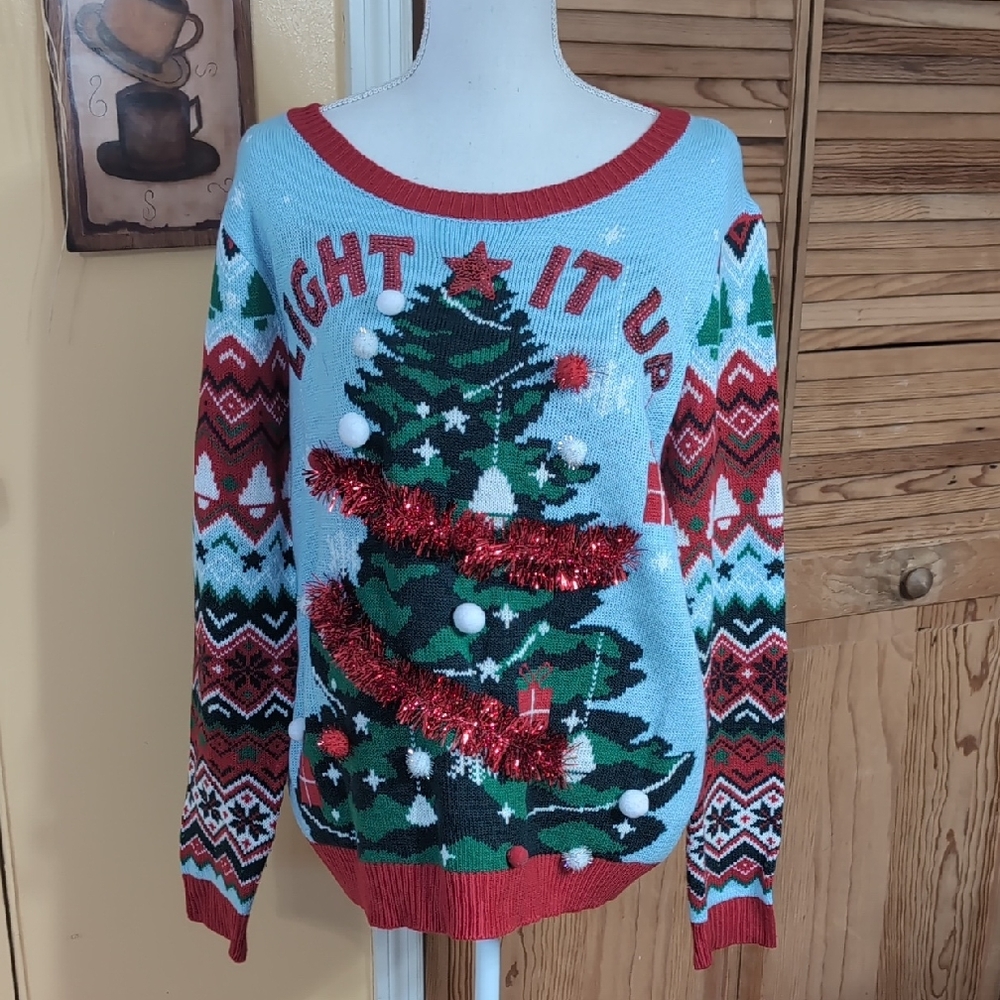 No Boundaries Light It Up Christmas Sweater - Red, Green, & Blue Juniors 19 XXL